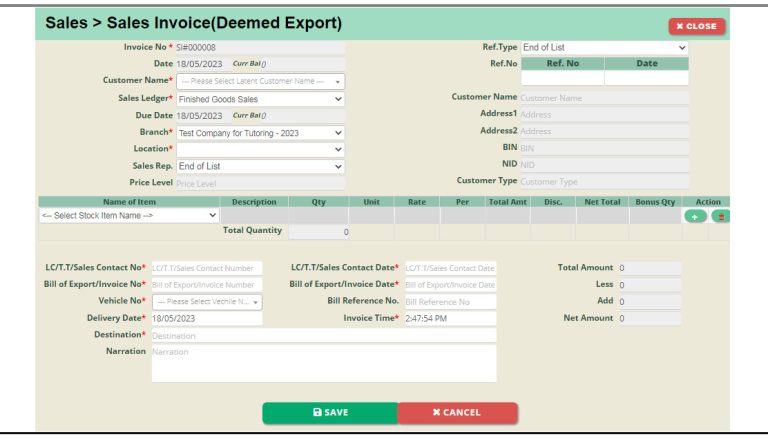 Troyee-VMS-Sales-Invoice-Deemed-Export-Voucher-Entry-Page