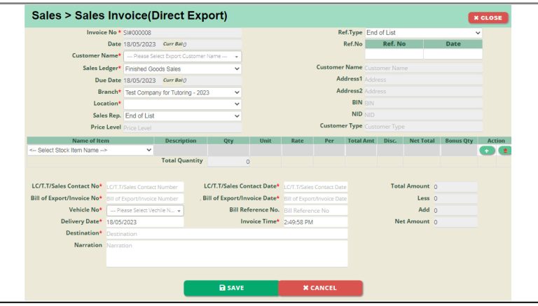 Troyee-VMS-Sales-Invoice-Direct-Export-Voucher-Entry-Page